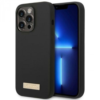 Guess GUHMP14XSBPLK Apple iPhone 14 Pro Max cietais futrālis, Silicone Logo Plate MagSafe, melns
