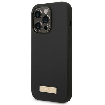 Guess GUHMP14XSBPLK Apple iPhone 14 Pro Max cietais futrālis, Silicone Logo Plate MagSafe, melns