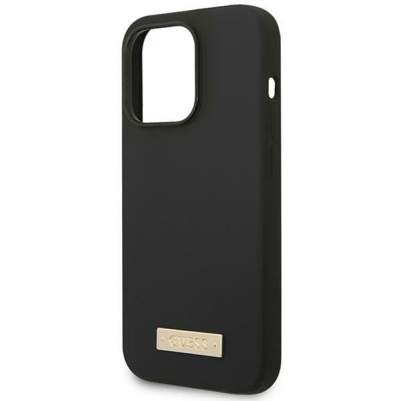 Guess GUHMP14XSBPLK Apple iPhone 14 Pro Max cietais futrālis, Silicone Logo Plate MagSafe, melns