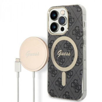 Guess GUBPP14XH4EACSK Apple iPhone 14 Pro Max maciņš + bezvadu lādētājs, melns cietais maciņš, 4G Print, MagSafe