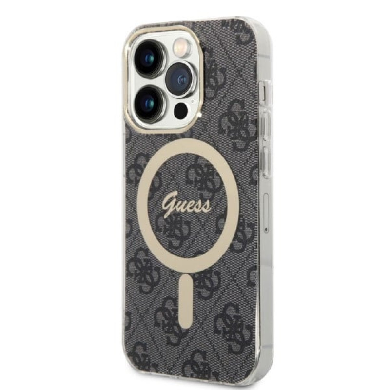 Guess GUBPP14XH4EACSK Apple iPhone 14 Pro Max maciņš + bezvadu lādētājs, melns cietais maciņš, 4G Print, MagSafe