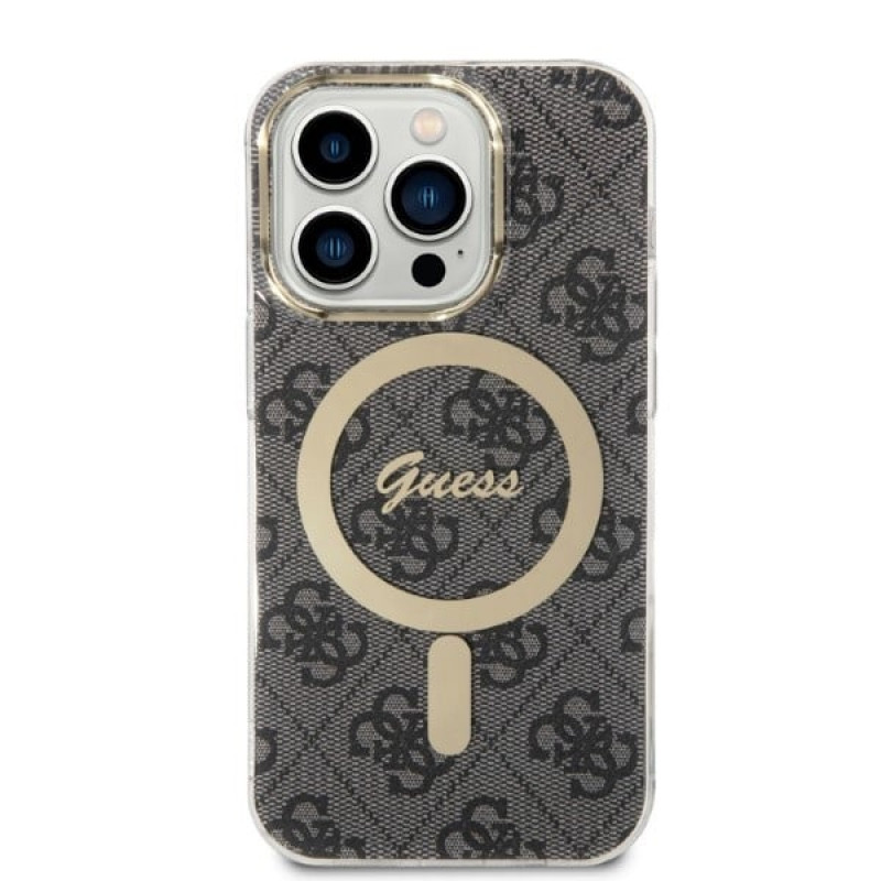 Guess GUBPP14XH4EACSK Apple iPhone 14 Pro Max maciņš + bezvadu lādētājs, melns cietais maciņš, 4G Print, MagSafe