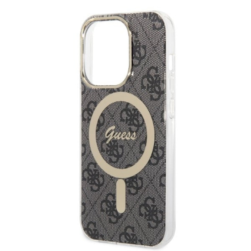 Guess GUBPP14XH4EACSK Apple iPhone 14 Pro Max maciņš + bezvadu lādētājs, melns cietais maciņš, 4G Print, MagSafe