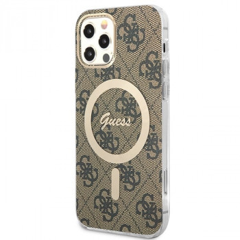 Guess GUBPP12MH4EACSW Maciņš + bezvadu lādētājs Apple iPhone 12 / iPhone 12 Pro brūns cietais maciņš, 4G Print, MagSafe