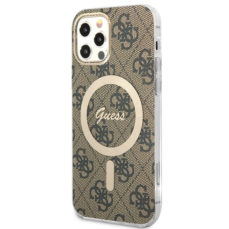 Guess GUBPP12MH4EACSW Maciņš + bezvadu lādētājs Apple iPhone 12 / iPhone 12 Pro brūns cietais maciņš, 4G Print, MagSafe