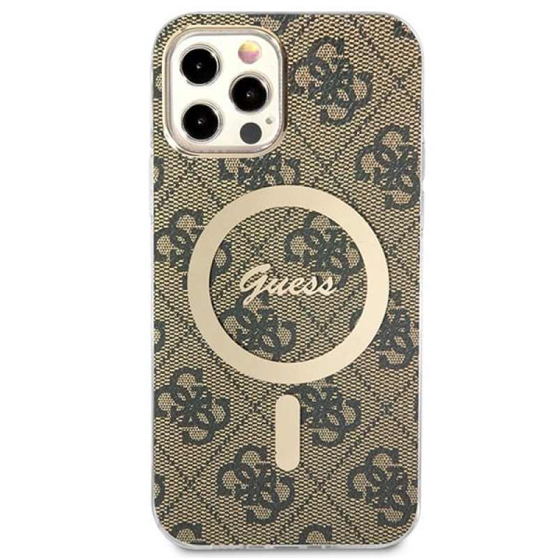 Guess GUBPP12MH4EACSW Maciņš + bezvadu lādētājs Apple iPhone 12 / iPhone 12 Pro brūns cietais maciņš, 4G Print, MagSafe