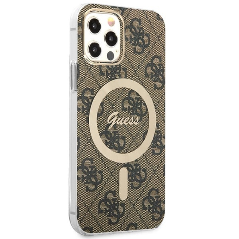 Guess GUBPP12MH4EACSW Maciņš + bezvadu lādētājs Apple iPhone 12 / iPhone 12 Pro brūns cietais maciņš, 4G Print, MagSafe