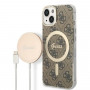 Guess GUBPP14MH4EACSW Maciņš + bezvadu lādētājs Apple iPhone 14 Plus / iPhone 15 Plus, brūns cietais maciņš, 4G Print, MagSafe