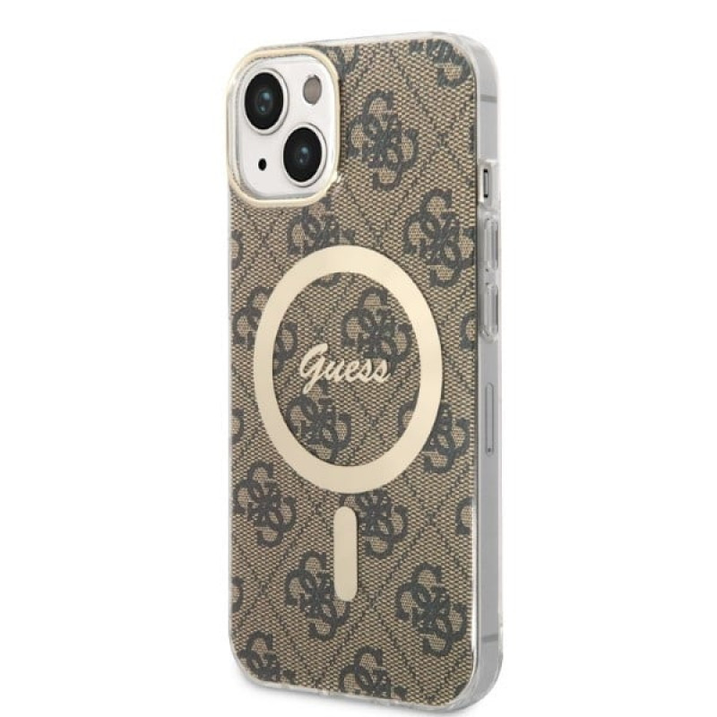 Guess GUBPP14MH4EACSW Maciņš + bezvadu lādētājs Apple iPhone 14 Plus / iPhone 15 Plus, brūns cietais maciņš, 4G Print, MagSafe