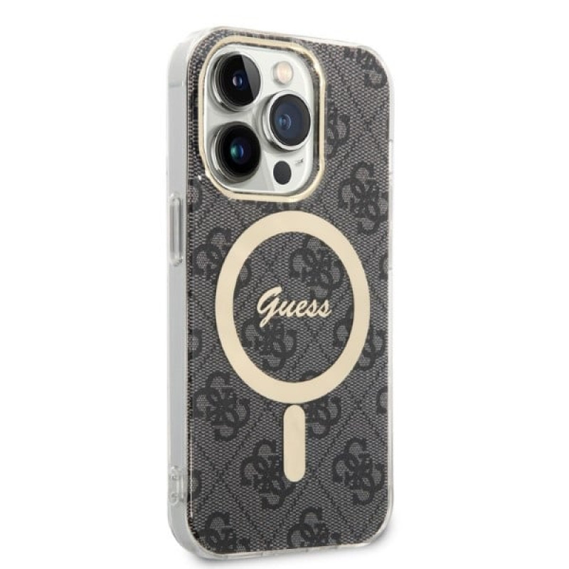 Guess GUBPP14LH4EACSK futrālis + bezvadu lādētājs Apple iPhone 14 Pro melns cietais futrālis, 4G Print, MagSafe