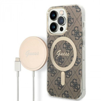 Guess GUBPP14XH4EACSW Apple iPhone 14 Pro Max korpuss + bezvadu lādētājs, brūns cietais korpuss, 4G Print, MagSafe