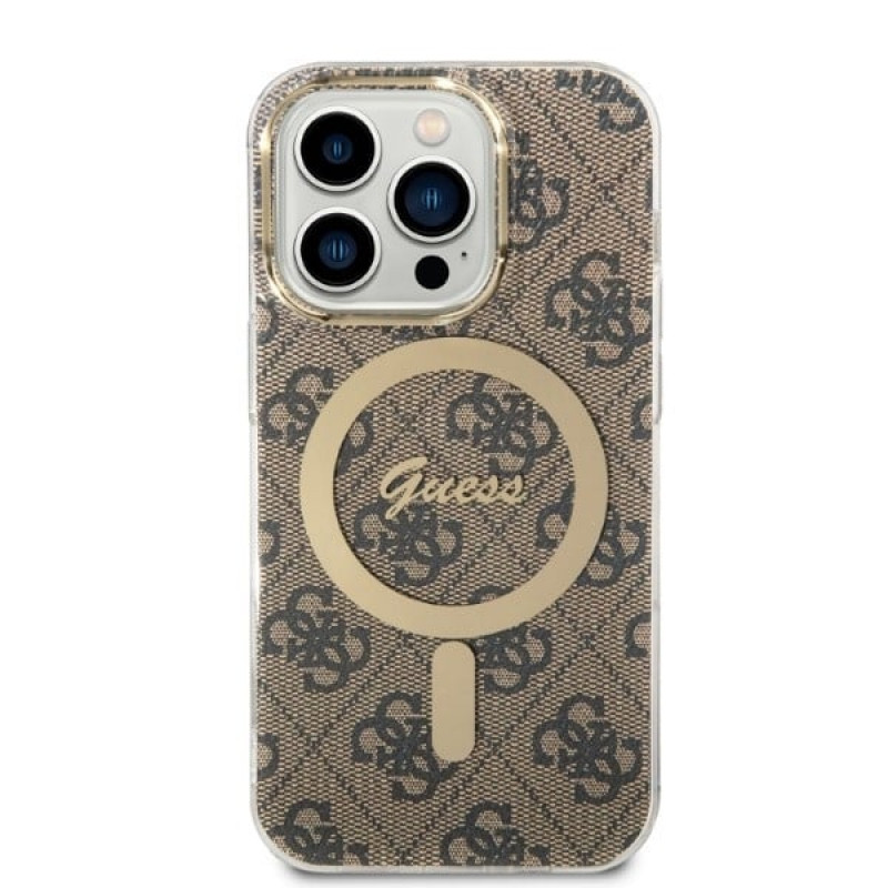 Guess GUBPP14XH4EACSW Apple iPhone 14 Pro Max korpuss + bezvadu lādētājs, brūns cietais korpuss, 4G Print, MagSafe