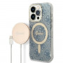 Guess GUBPP14XH4EACSB Apple iPhone 14 Pro Max vāciņš + bezvadu lādētājs, zils cietais maciņš, 4G Print, MagSafe