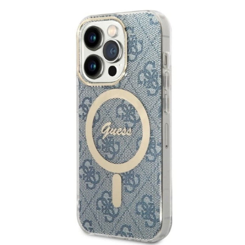 Guess GUBPP14XH4EACSB Apple iPhone 14 Pro Max vāciņš + bezvadu lādētājs, zils cietais maciņš, 4G Print, MagSafe