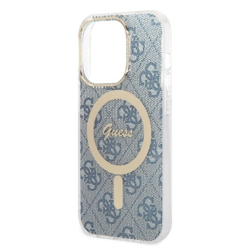 Guess GUBPP14XH4EACSB Apple iPhone 14 Pro Max vāciņš + bezvadu lādētājs, zils cietais maciņš, 4G Print, MagSafe