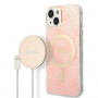 Guess GUBPP14MH4EACSP Maciņš + bezvadu lādētājs Apple iPhone 14 Plus / iPhone 15 Plus rozā cietais maciņš, 4G Print, MagSafe