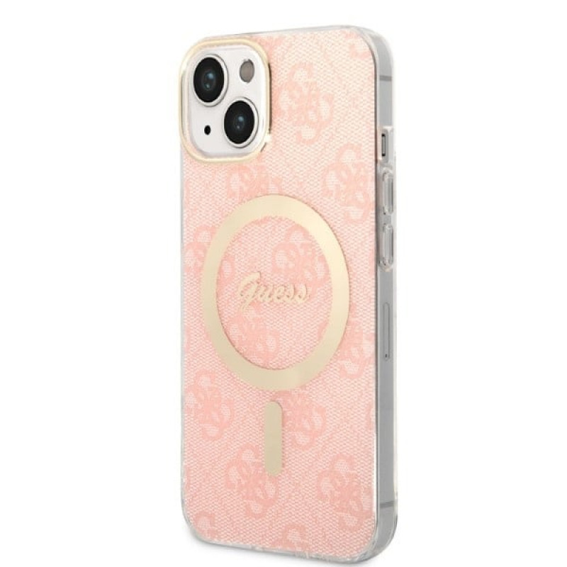 Guess GUBPP14MH4EACSP Maciņš + bezvadu lādētājs Apple iPhone 14 Plus / iPhone 15 Plus rozā cietais maciņš, 4G Print, MagSafe