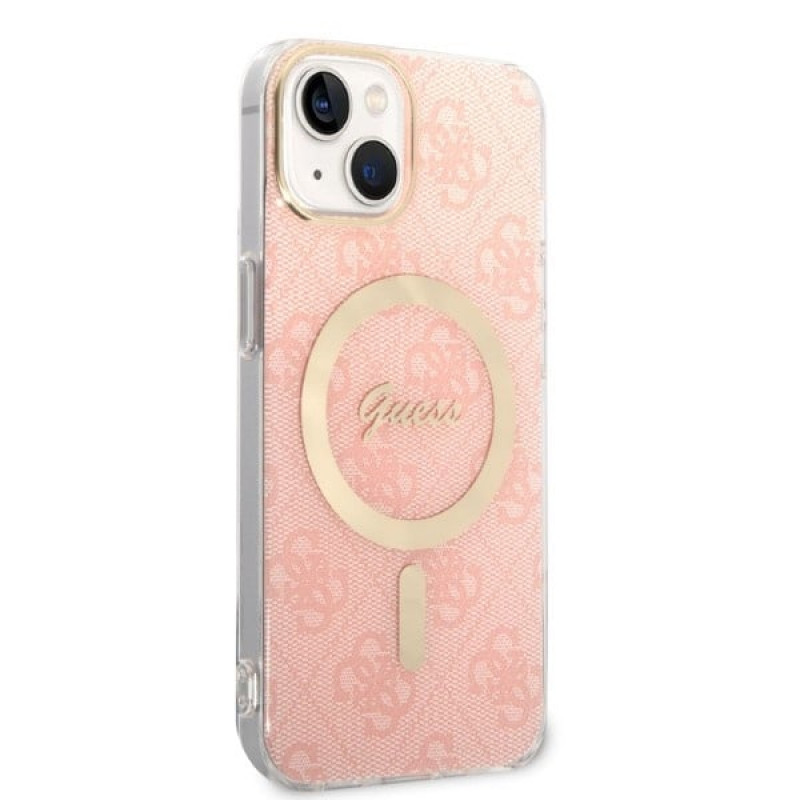 Guess GUBPP14MH4EACSP Maciņš + bezvadu lādētājs Apple iPhone 14 Plus / iPhone 15 Plus rozā cietais maciņš, 4G Print, MagSafe