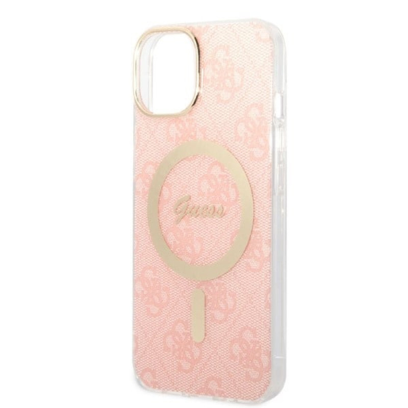 Guess GUBPP14MH4EACSP Maciņš + bezvadu lādētājs Apple iPhone 14 Plus / iPhone 15 Plus rozā cietais maciņš, 4G Print, MagSafe