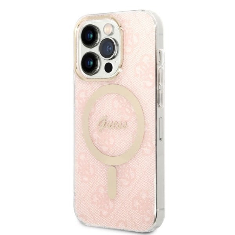 Guess GUBPP14LH4EACSP Apple iPhone 14 Pro maciņš + bezvadu lādētājs, rozā cietais maciņš, 4G Print, MagSafe