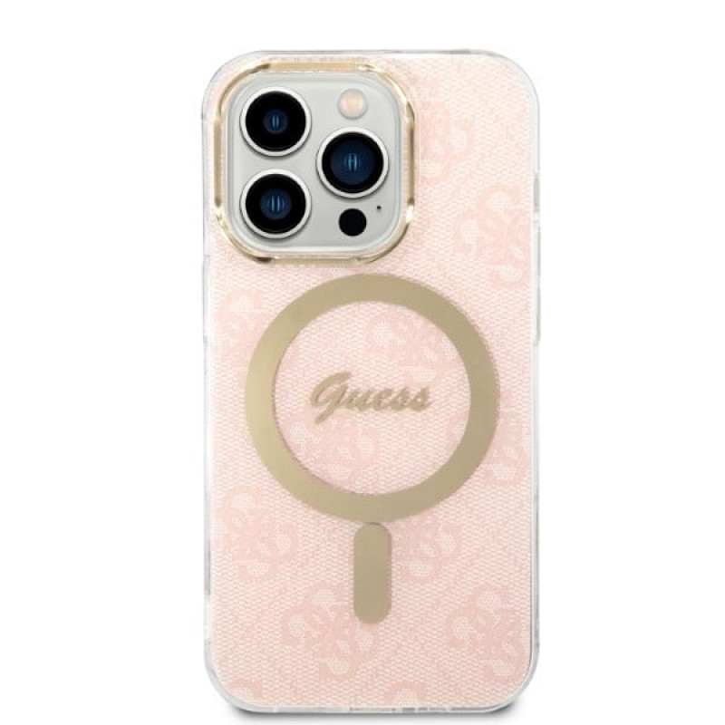 Guess GUBPP14LH4EACSP Apple iPhone 14 Pro maciņš + bezvadu lādētājs, rozā cietais maciņš, 4G Print, MagSafe