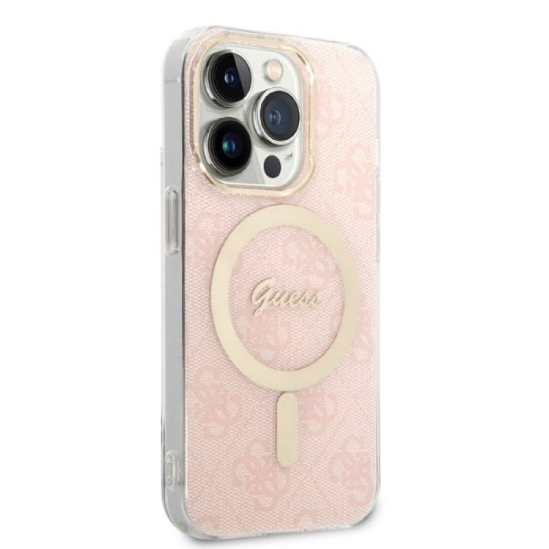 Guess GUBPP14LH4EACSP Apple iPhone 14 Pro maciņš + bezvadu lādētājs, rozā cietais maciņš, 4G Print, MagSafe