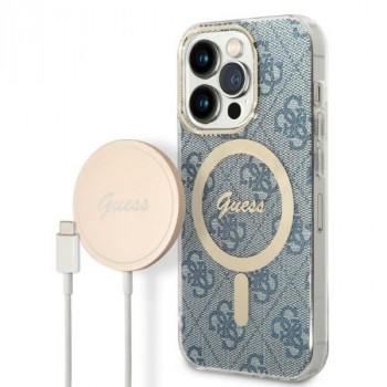 Guess GUBPP14LH4EACSB Case + Wireless Charger Apple iPhone 14 Pro zils cietais futrālis, 4G Print, MagSafe