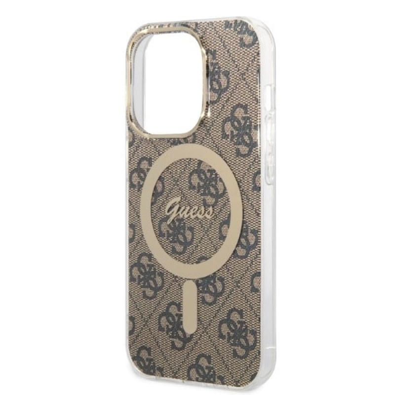 Guess GUBPP14LH4EACSW futrālis + bezvadu lādētājs Apple iPhone 14 Pro brūns cietais futrālis, 4G Print, MagSafe