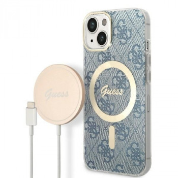 Guess GUBPP14MH4EACSB Apple iPhone 14 Plus / iPhone 15 Plus zils cietais maciņš ar bezvadu lādētāju, 4G Print, MagSafe