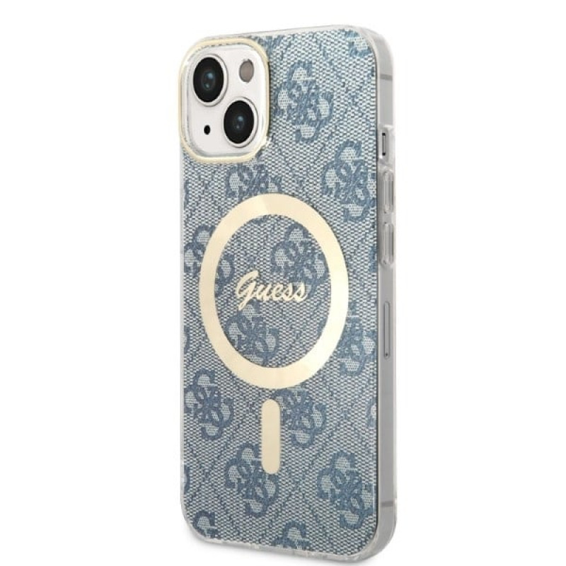 Guess GUBPP14MH4EACSB Apple iPhone 14 Plus / iPhone 15 Plus zils cietais maciņš ar bezvadu lādētāju, 4G Print, MagSafe