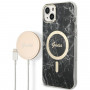 Guess GUBPP14MHMEACSK Apple iPhone 14 Plus / iPhone 15 Plus melns cietais maciņš ar bezvadu lādētāju, Marble, MagSafe