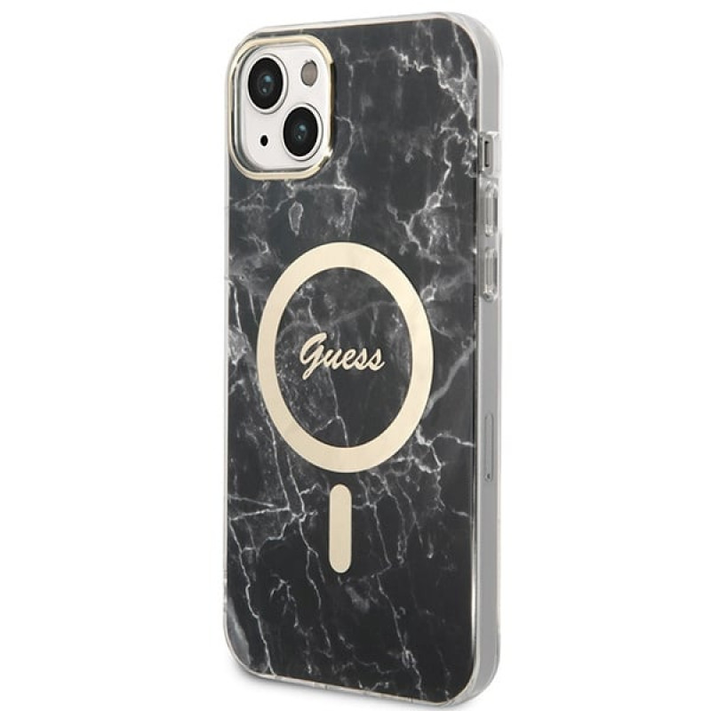 Guess GUBPP14MHMEACSK Apple iPhone 14 Plus / iPhone 15 Plus melns cietais maciņš ar bezvadu lādētāju, Marble, MagSafe