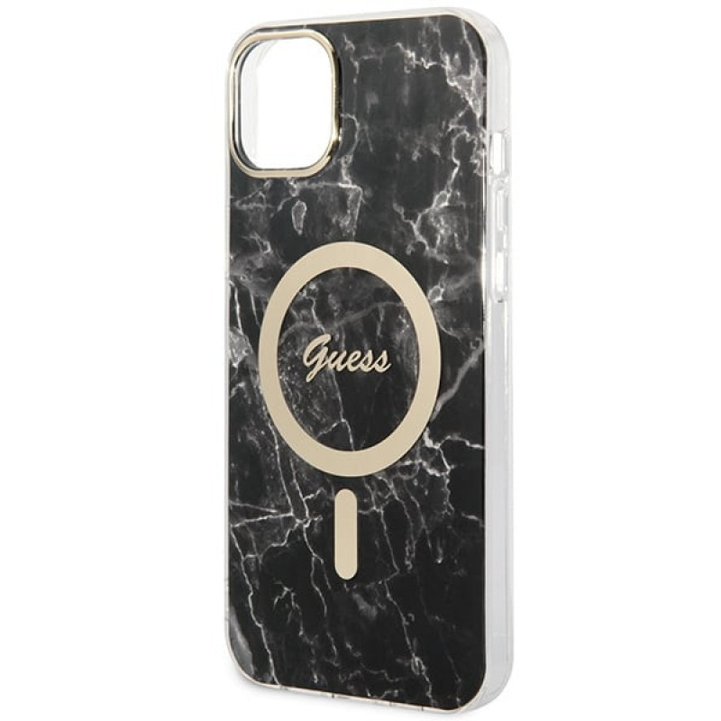 Guess GUBPP14MHMEACSK Apple iPhone 14 Plus / iPhone 15 Plus melns cietais maciņš ar bezvadu lādētāju, Marble, MagSafe
