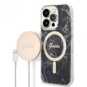 Guess GUBPP14XHMEACSK Apple iPhone 14 Pro Max vāciņš + bezvadu lādētājs, melns cietais vāciņš, Marble, MagSafe