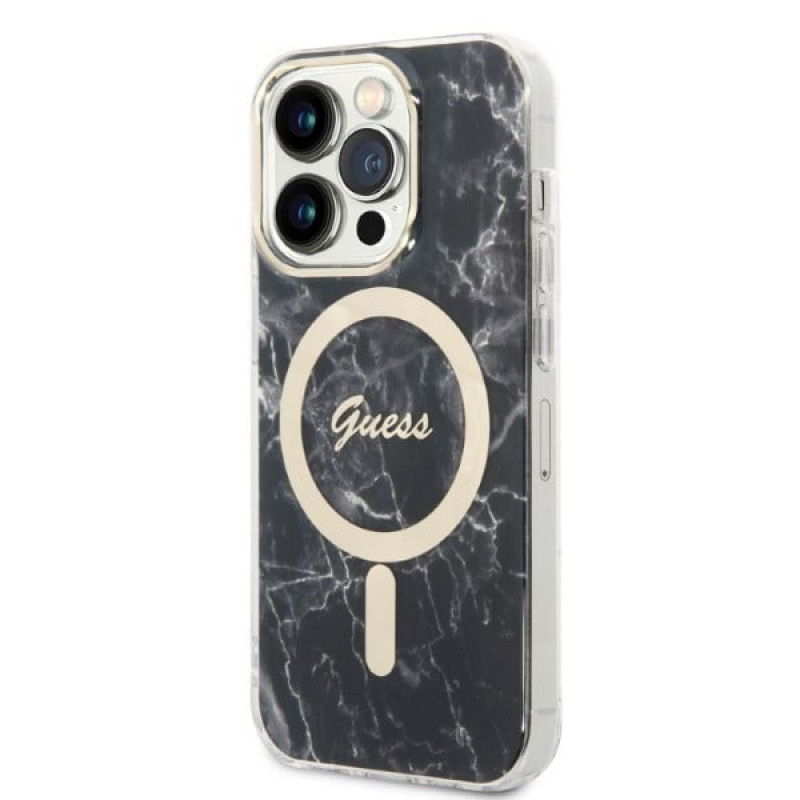 Guess GUBPP14XHMEACSK Apple iPhone 14 Pro Max vāciņš + bezvadu lādētājs, melns cietais vāciņš, Marble, MagSafe