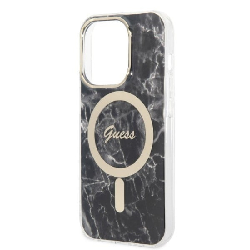 Guess GUBPP14XHMEACSK Apple iPhone 14 Pro Max vāciņš + bezvadu lādētājs, melns cietais vāciņš, Marble, MagSafe