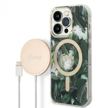 Guess GUBPP14LHJEACSA Apple iPhone 14 Pro futrālis + bezvadu lādētājs, zaļš cietais futrālis, Jungle, MagSafe