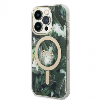 Guess GUBPP14LHJEACSA Apple iPhone 14 Pro futrālis + bezvadu lādētājs, zaļš cietais futrālis, Jungle, MagSafe