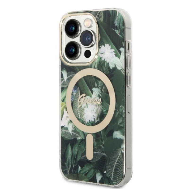Guess GUBPP14LHJEACSA Apple iPhone 14 Pro futrālis + bezvadu lādētājs, zaļš cietais futrālis, Jungle, MagSafe