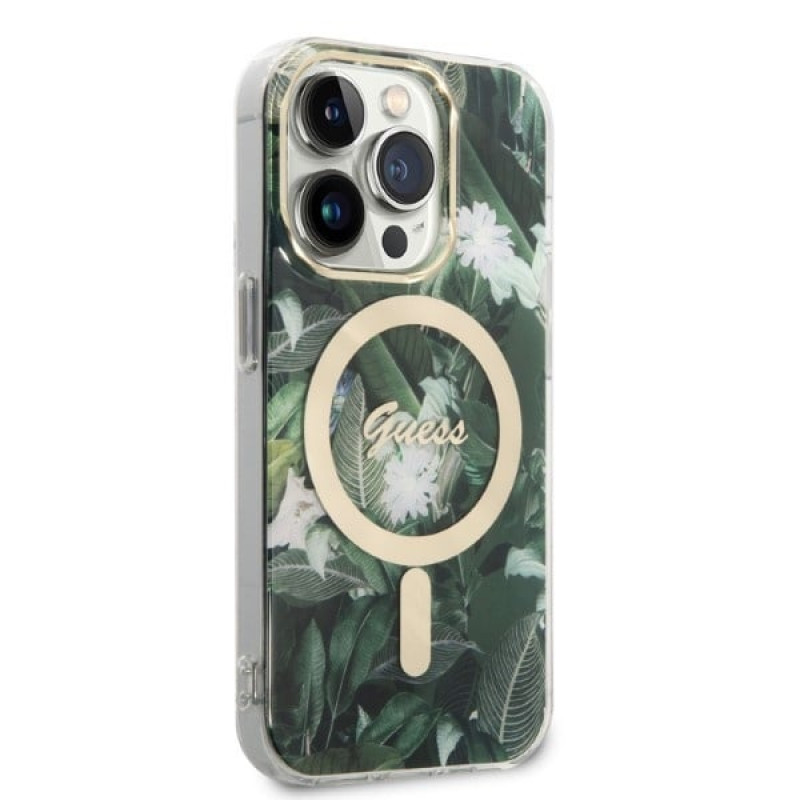 Guess GUBPP14LHJEACSA Apple iPhone 14 Pro futrālis + bezvadu lādētājs, zaļš cietais futrālis, Jungle, MagSafe