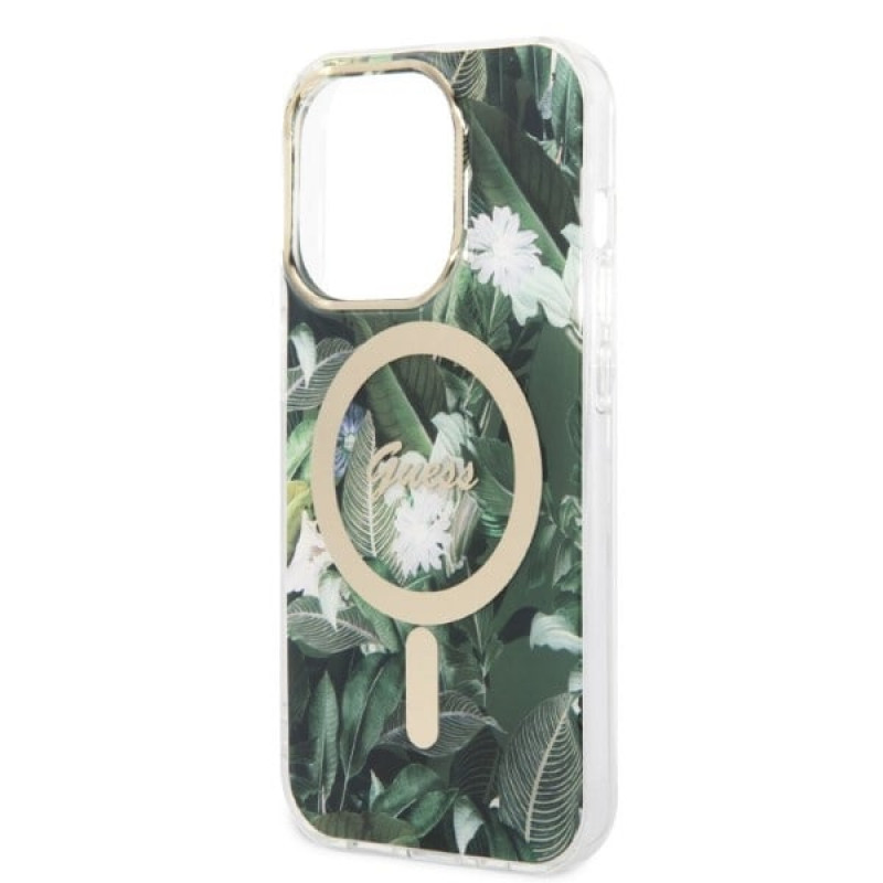 Guess GUBPP14LHJEACSA Apple iPhone 14 Pro futrālis + bezvadu lādētājs, zaļš cietais futrālis, Jungle, MagSafe
