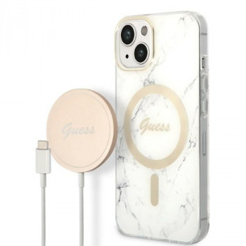 Guess GUBPP14MHMEACSH vāciņš + bezvadu lādētājs Apple iPhone 14 Plus / iPhone 15 Plus, balts cietais vāciņš, Marble, MagSafe