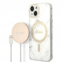 Guess GUBPP14MHMEACSH vāciņš + bezvadu lādētājs Apple iPhone 14 Plus / iPhone 15 Plus, balts cietais vāciņš, Marble, MagSafe