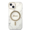 Guess GUBPP14MHMEACSH vāciņš + bezvadu lādētājs Apple iPhone 14 Plus / iPhone 15 Plus, balts cietais vāciņš, Marble, MagSafe