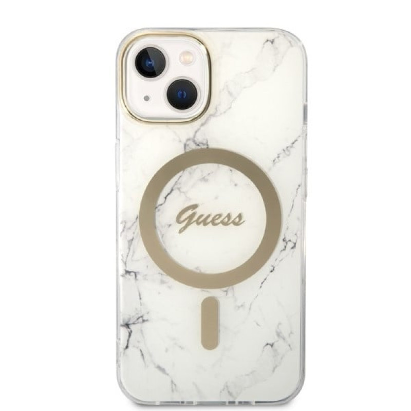 Guess GUBPP14MHMEACSH vāciņš + bezvadu lādētājs Apple iPhone 14 Plus / iPhone 15 Plus, balts cietais vāciņš, Marble, MagSafe