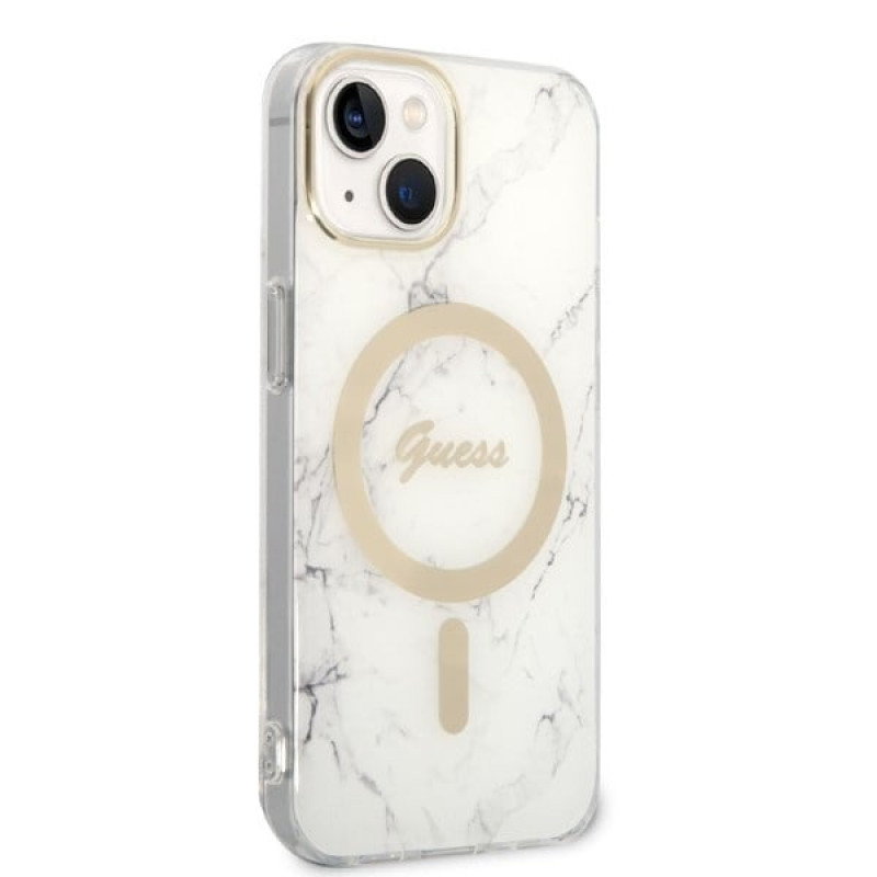 Guess GUBPP14MHMEACSH vāciņš + bezvadu lādētājs Apple iPhone 14 Plus / iPhone 15 Plus, balts cietais vāciņš, Marble, MagSafe