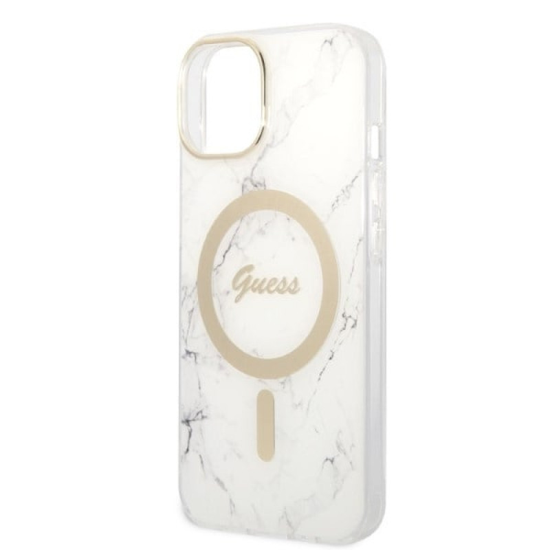 Guess GUBPP14MHMEACSH vāciņš + bezvadu lādētājs Apple iPhone 14 Plus / iPhone 15 Plus, balts cietais vāciņš, Marble, MagSafe