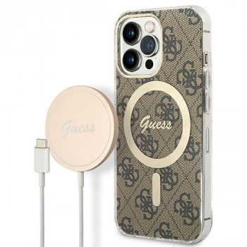 Guess GUBPP13LH4EACSW Apple iPhone 13 Pro maciņš + bezvadu lādētājs, brūns cietais maciņš, 4G Print, MagSafe
