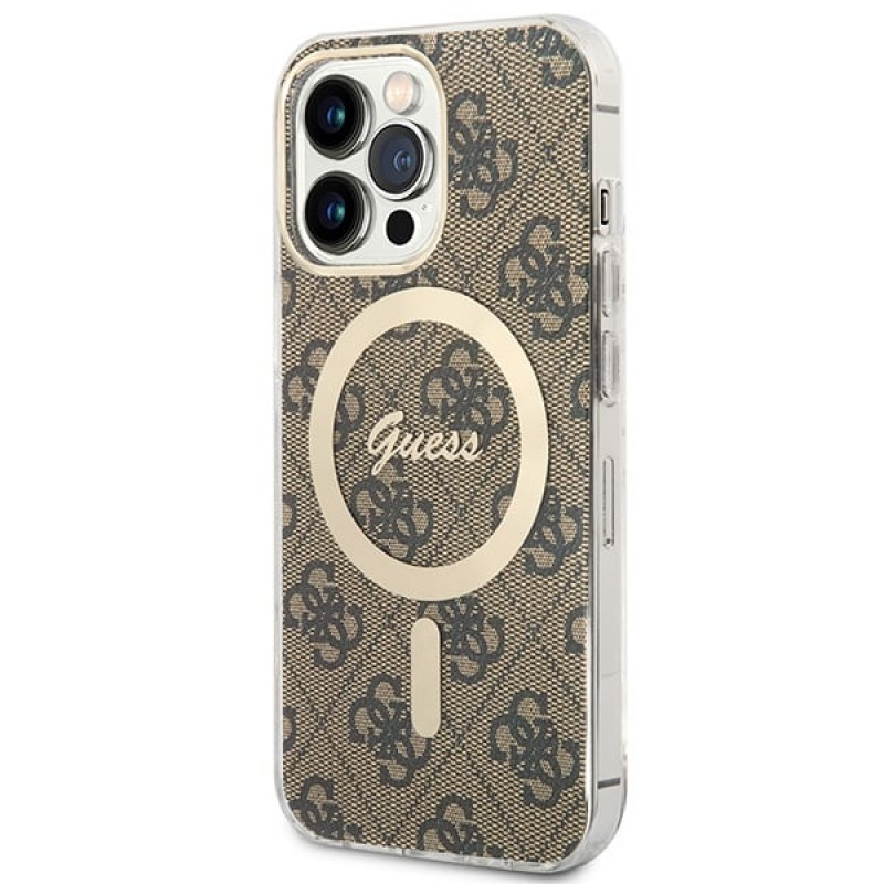 Guess GUBPP13LH4EACSW Apple iPhone 13 Pro maciņš + bezvadu lādētājs, brūns cietais maciņš, 4G Print, MagSafe