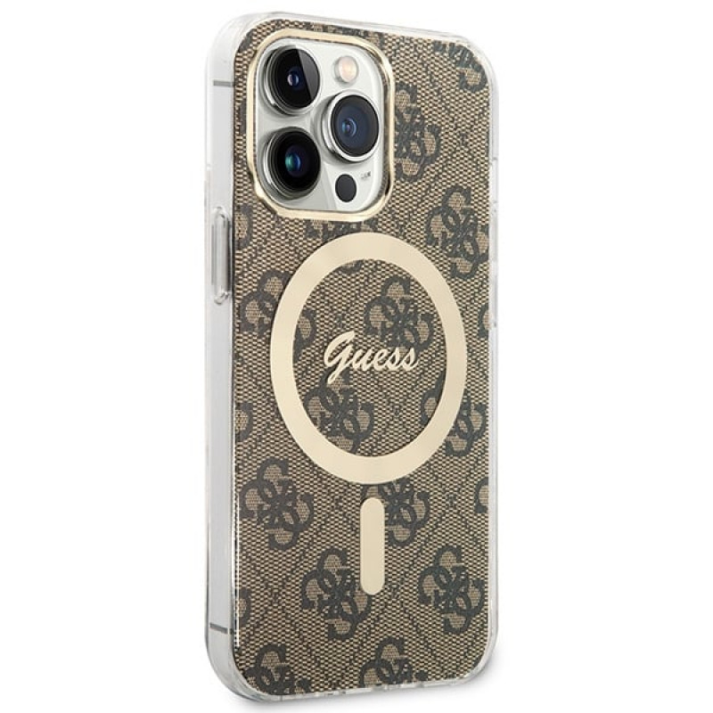 Guess GUBPP13LH4EACSW Apple iPhone 13 Pro maciņš + bezvadu lādētājs, brūns cietais maciņš, 4G Print, MagSafe